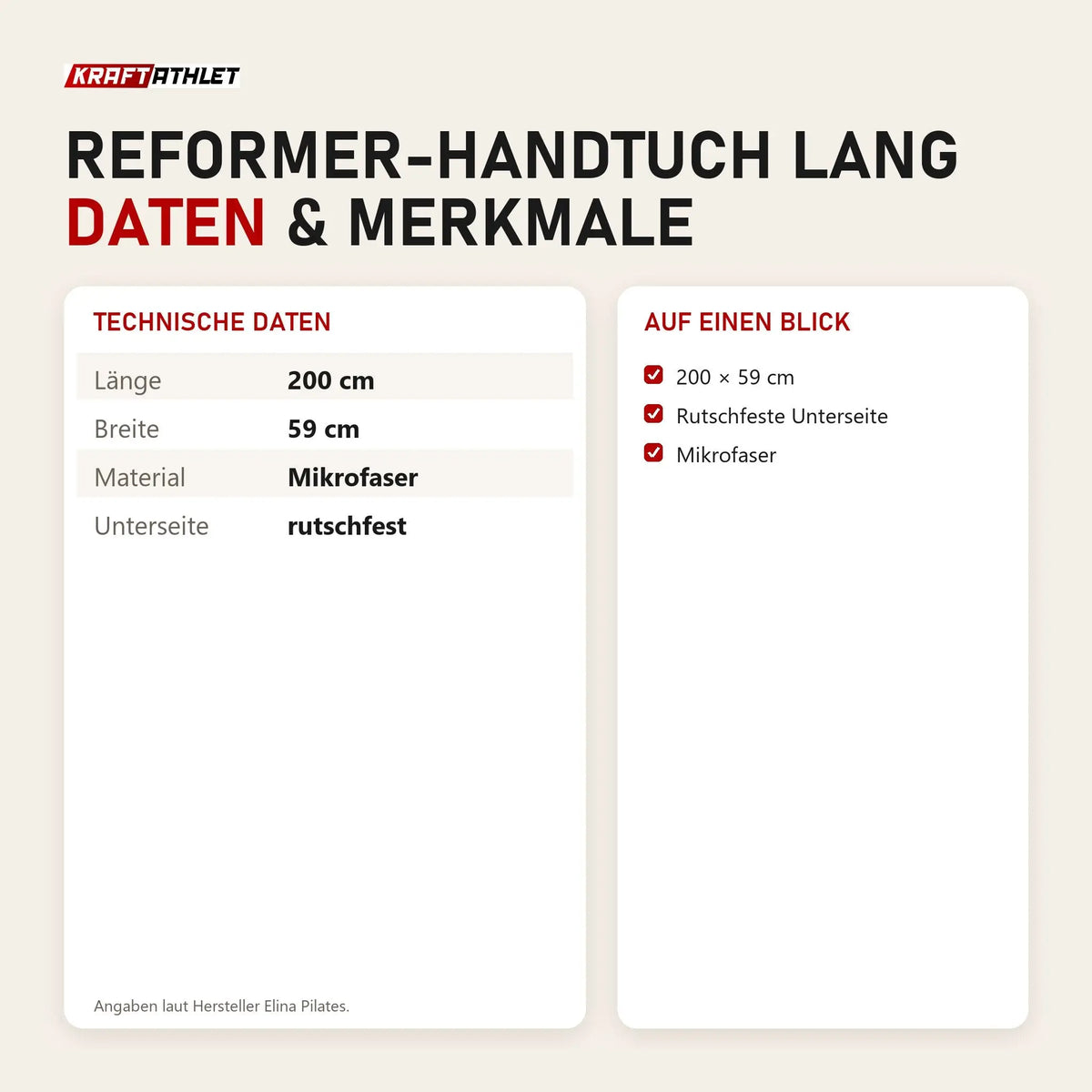 Technische Daten und Merkmale von Elina Pilates Reformer-Handtuch lang als Tabelle