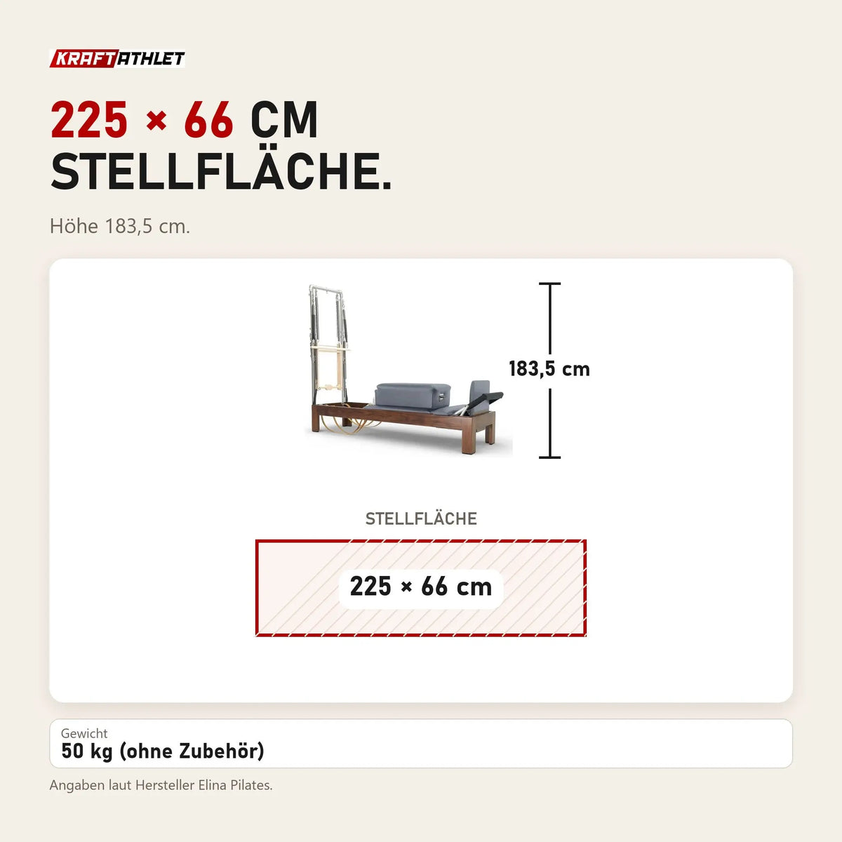 Maßbild Elina Pilates Reformer Klassisch Dunkles Holz mit Tower: Stellfläche 225 × 66 cm, Höhe 183,5 cm