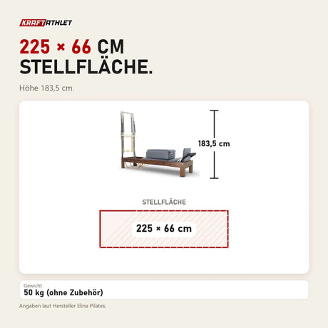 Maßbild Elina Pilates Reformer Klassisch Dunkles Holz mit Tower: Stellfläche 225 × 66 cm, Höhe 183,5 cm