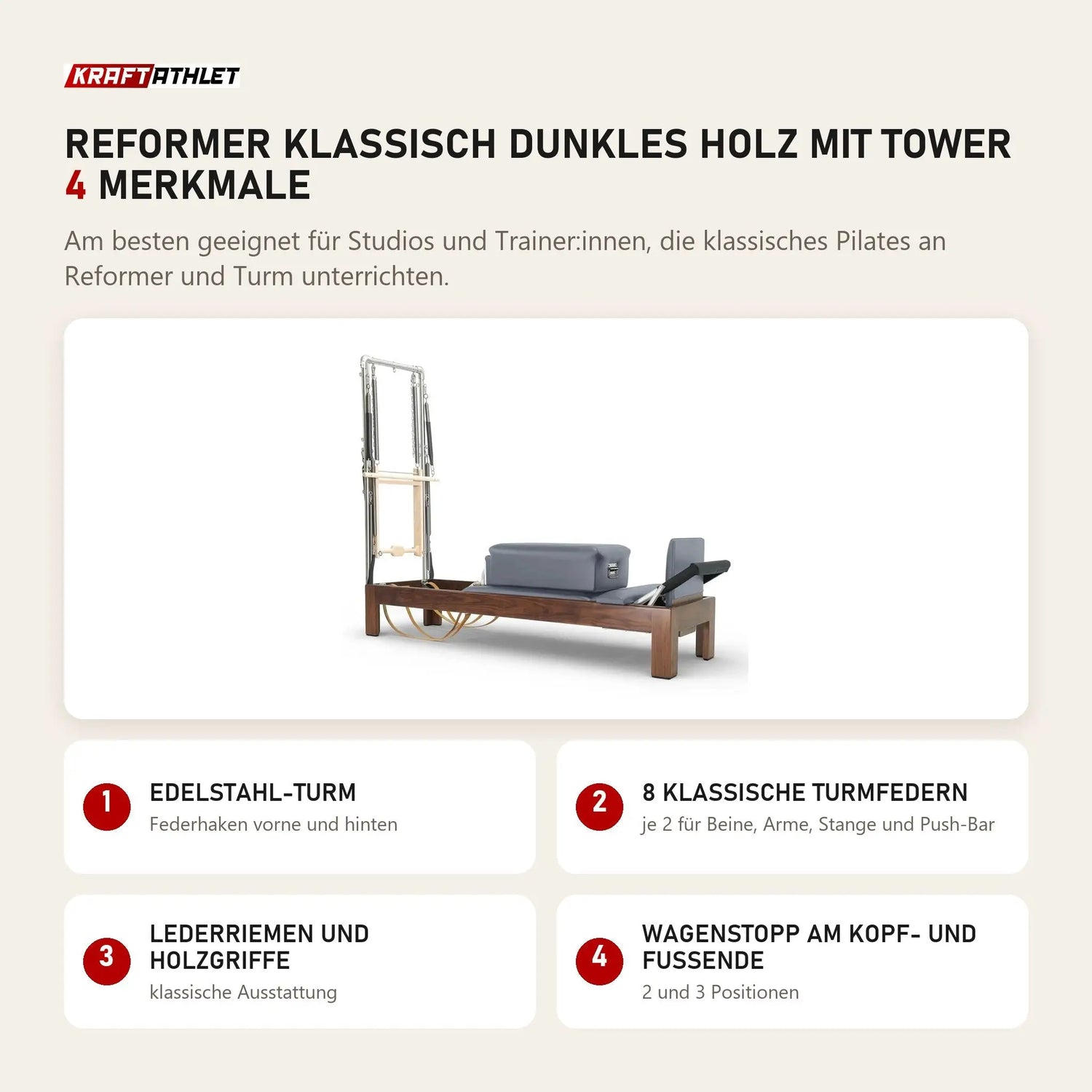 Elina Pilates Reformer Klassisch Dunkles Holz mit Tower mit 4 Merkmalen: Edelstahl-Turm, 8 klassische Turmfedern, Lederriemen und Holzgriffe, Wagenstopp am Kopf- und Fußende