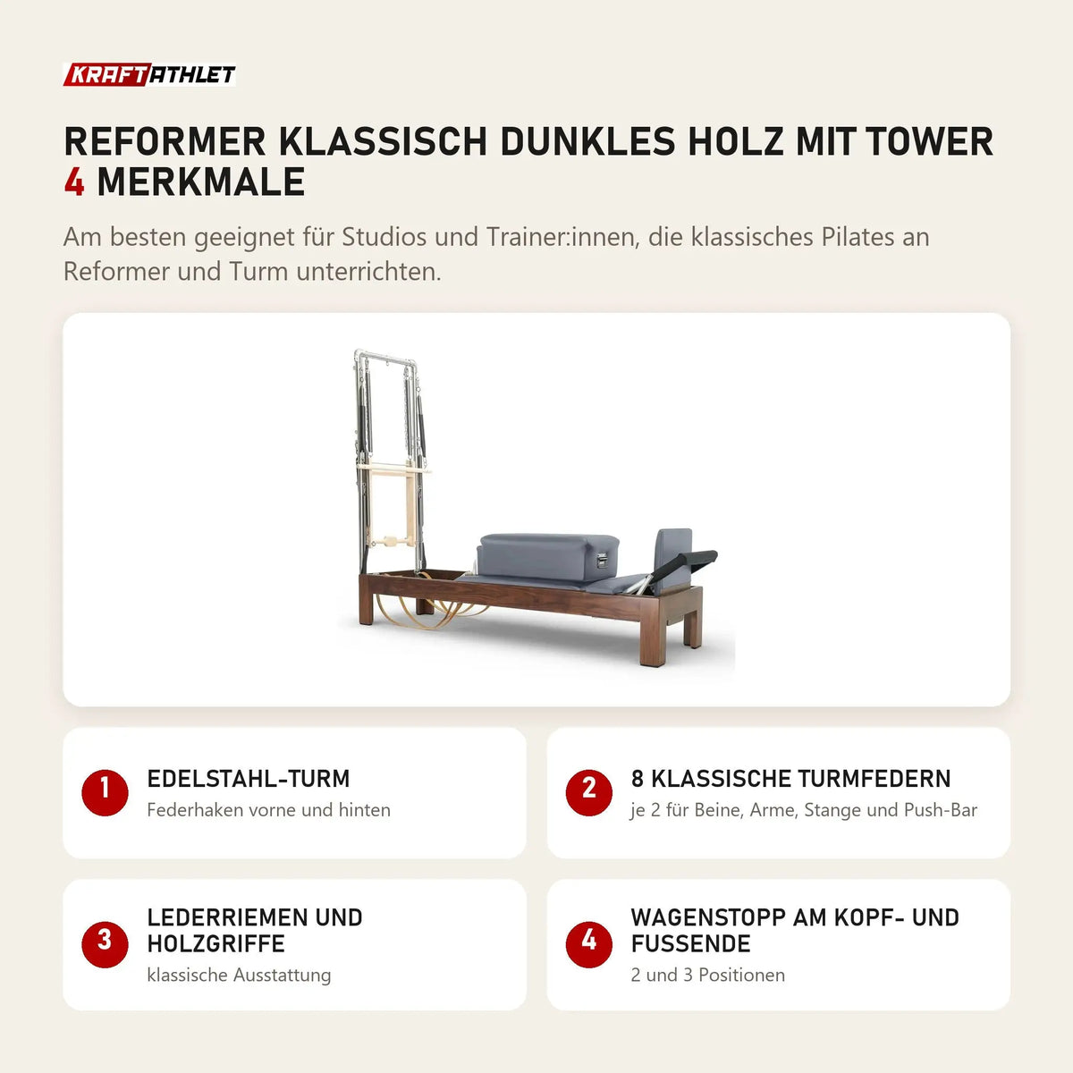 Elina Pilates Reformer Klassisch Dunkles Holz mit Tower mit 4 Merkmalen: Edelstahl-Turm, 8 klassische Turmfedern, Lederriemen und Holzgriffe, Wagenstopp am Kopf- und Fußende