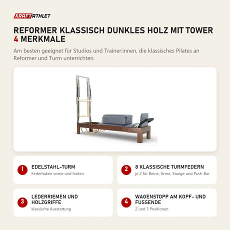 Elina Pilates Reformer Klassisch Dunkles Holz mit Tower mit 4 Merkmalen: Edelstahl-Turm, 8 klassische Turmfedern, Lederriemen und Holzgriffe, Wagenstopp am Kopf- und Fußende