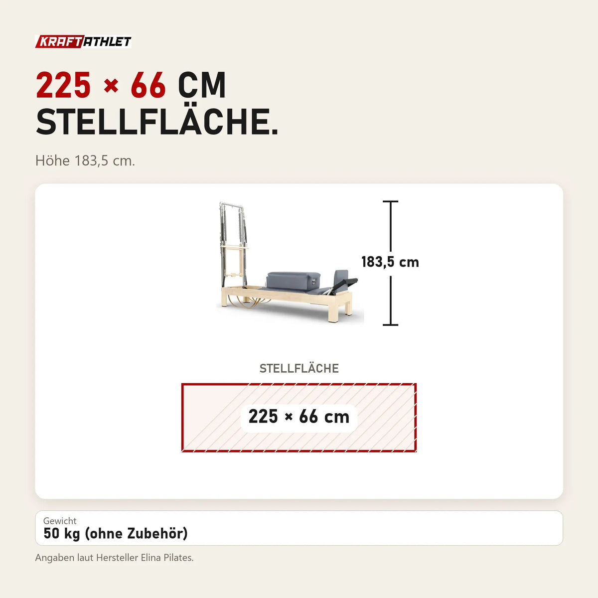Maßbild Elina Pilates Reformer Klassisch Naturholz mit Tower: Stellfläche 225 × 66 cm, Höhe 183,5 cm