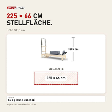 Maßbild Elina Pilates Reformer Klassisch Naturholz mit Tower: Stellfläche 225 × 66 cm, Höhe 183,5 cm