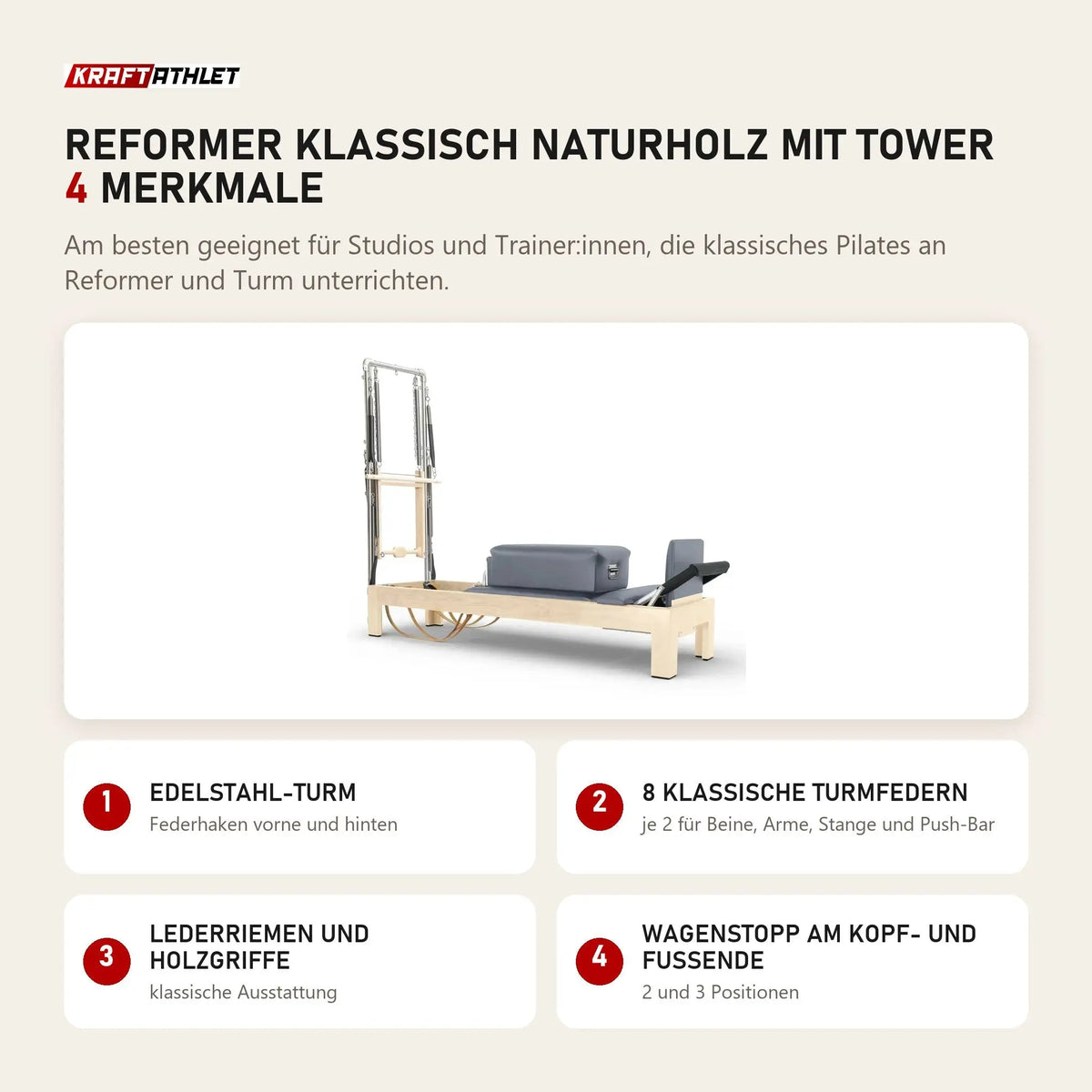 Elina Pilates Reformer Klassisch Naturholz mit Tower mit 4 Merkmalen: Edelstahl-Turm, 8 klassische Turmfedern, Lederriemen und Holzgriffe, Wagenstopp am Kopf- und Fußende