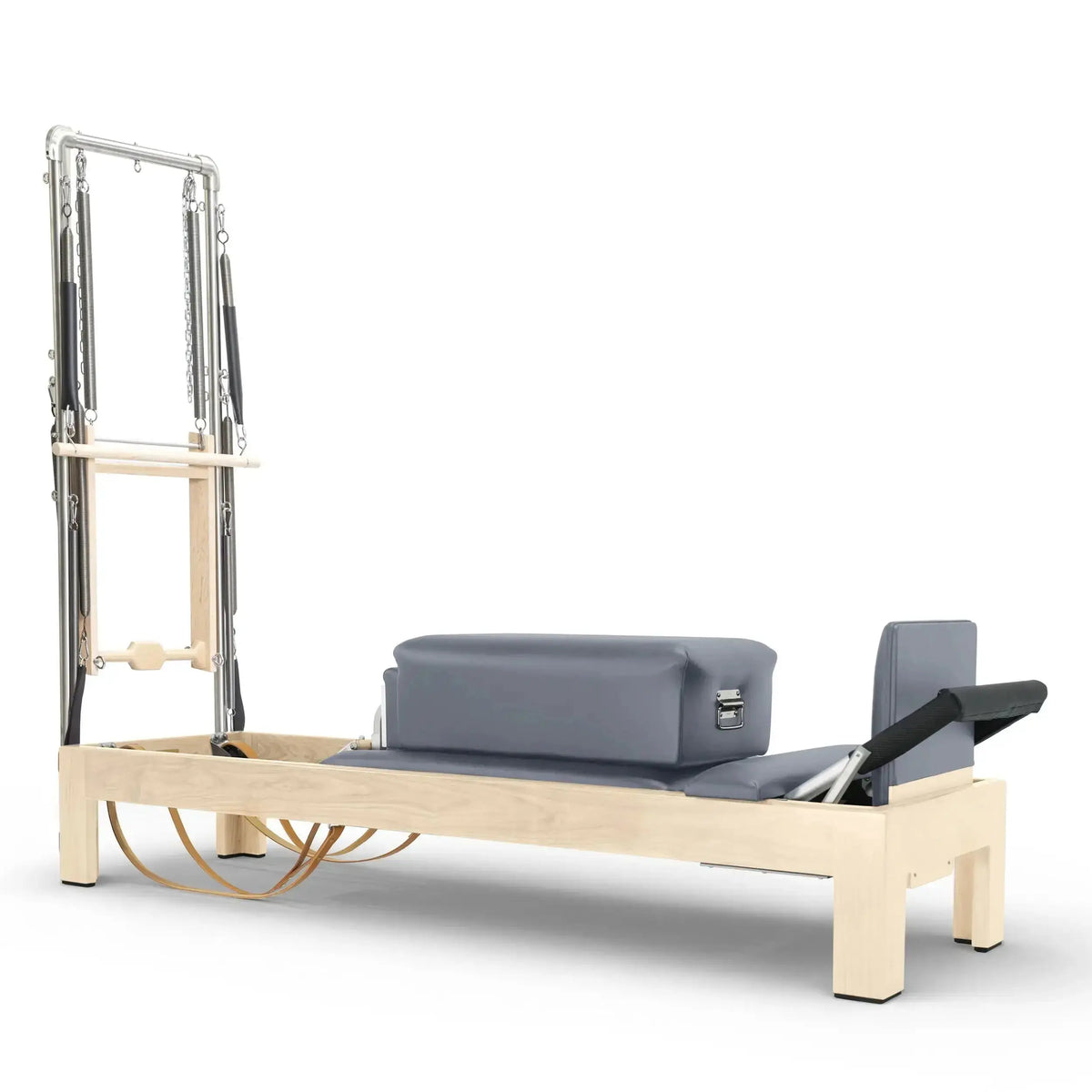 Elina Pilates Reformer Klassisch Naturholz mit Tower, Seitenansicht mit grauen Polstern