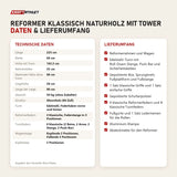 Technische Daten und Lieferumfang von Elina Pilates Reformer Klassisch Naturholz mit Tower als Tabelle