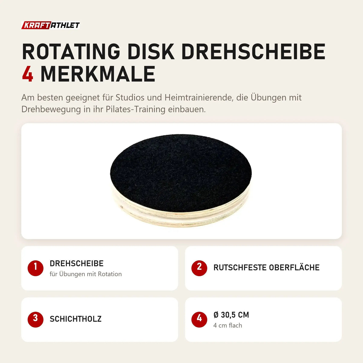 Elina Pilates Rotating Disk Drehscheibe mit 4 Merkmalen: Drehscheibe, Rutschfeste Oberfläche, Schichtholz, Ø 30,5 cm
