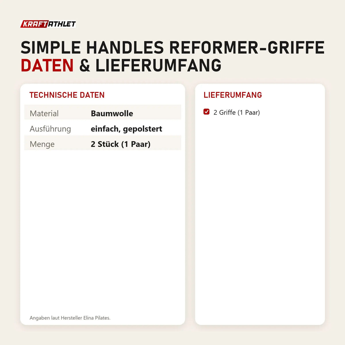 Technische Daten und Lieferumfang von Elina Pilates Simple Handles Reformer-Griffe als Tabelle