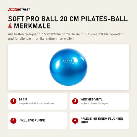 Elina Pilates Soft Pro Ball 20 cm Pilates-Ball mit 4 Merkmalen: 20 cm, Weiches Vinyl, Inklusive Pumpe, Pflege mit einem feuchten Tuch
