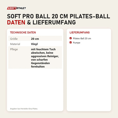 Technische Daten und Lieferumfang von Elina Pilates Soft Pro Ball 20 cm Pilates-Ball als Tabelle