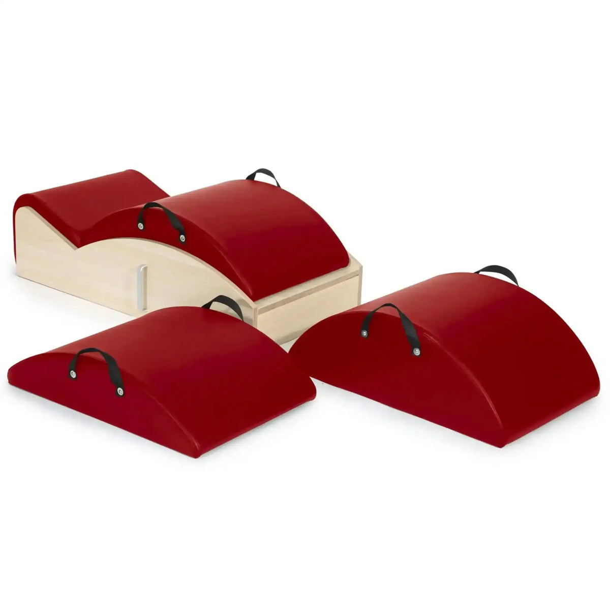 Elina Pilates Spine Corrector 3 in 1 in Rot, Einzelteile nebeneinander: Holzsockel und drei Polsteraufsätze mit Griffen