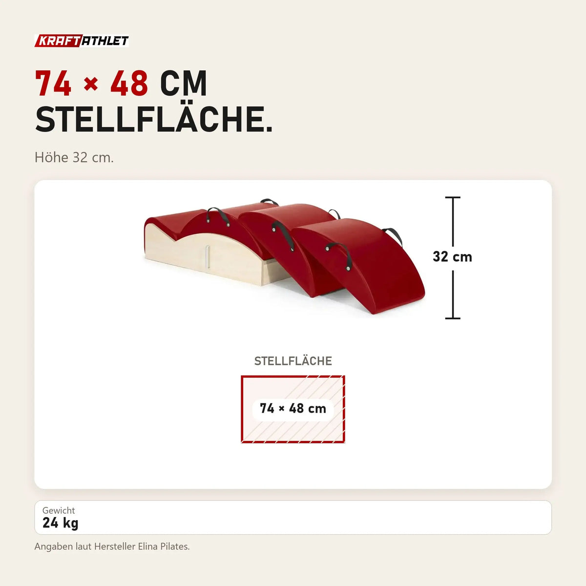 Maßbild Elina Pilates Spine Corrector 3 in 1: Stellfläche 74 × 48 cm, Höhe 32 cm
