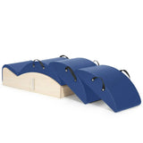 Elina Pilates Spine Corrector 3 in 1 in Blau, Schrägansicht mit Holzsockel und drei Polsteraufsätzen