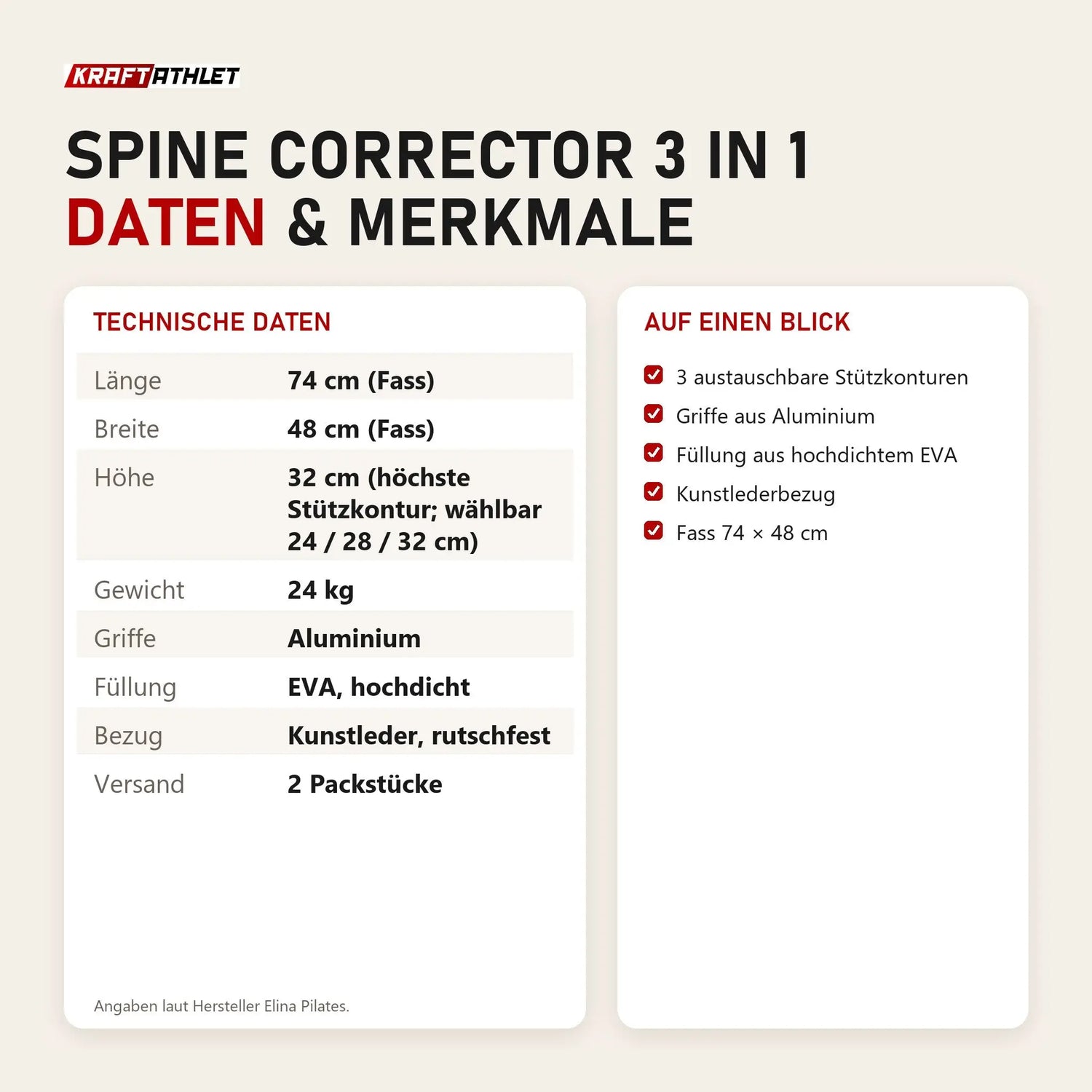 Technische Daten und Merkmale von Elina Pilates Spine Corrector 3 in 1 als Tabelle