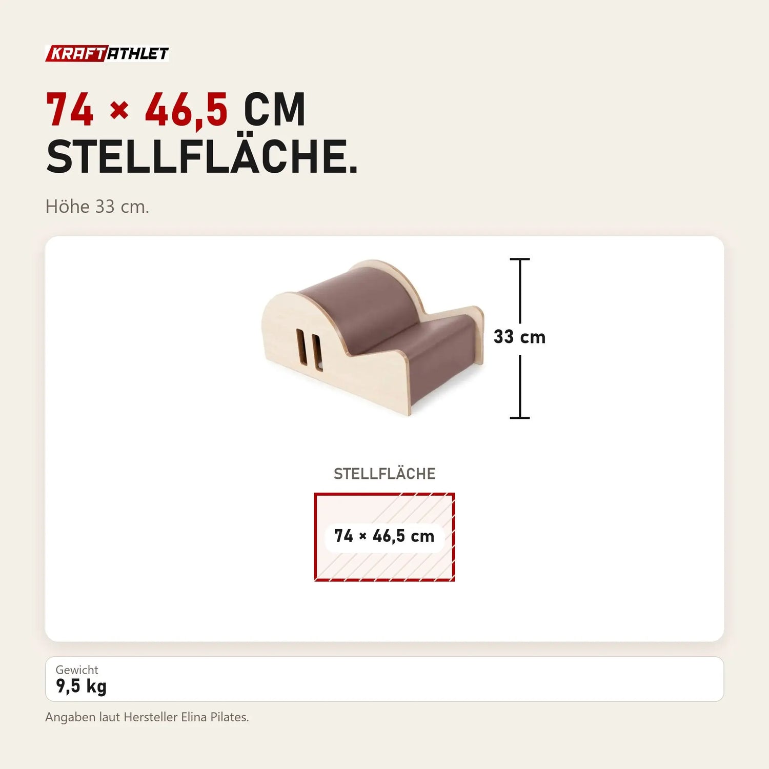 Maßbild Elina Pilates Spine Corrector Elite: Stellfläche 74 × 46,5 cm, Höhe 33 cm