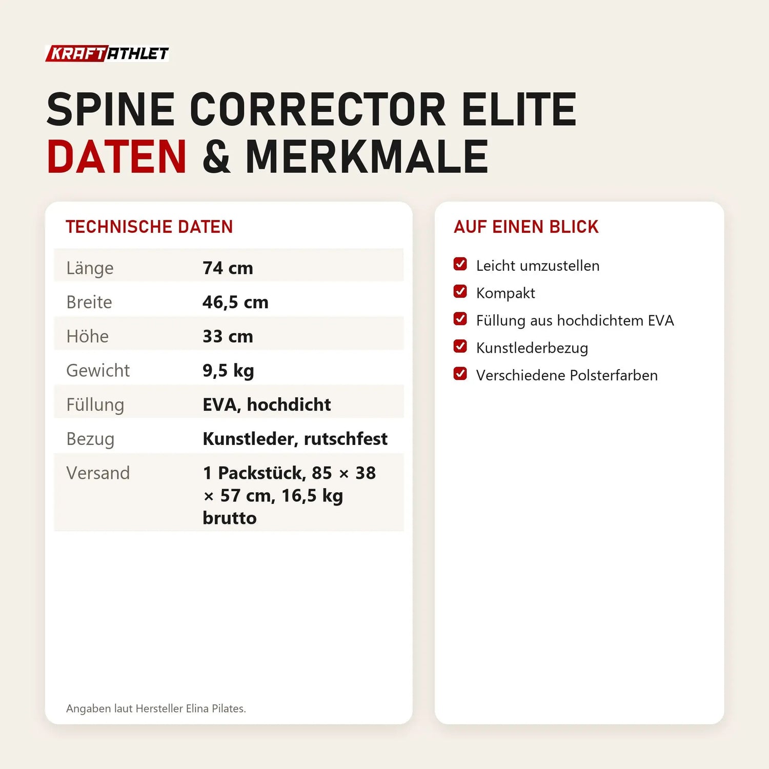 Technische Daten und Merkmale von Elina Pilates Spine Corrector Elite als Tabelle