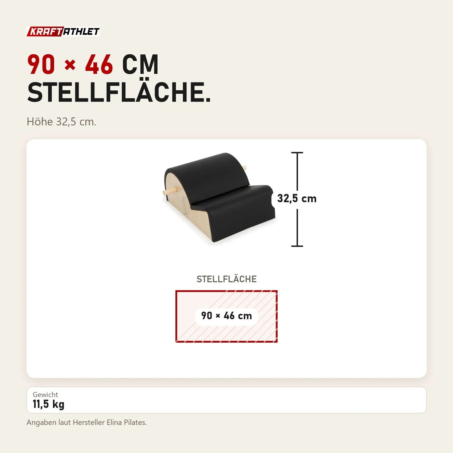 Maßbild Elina Pilates Spine Corrector: Stellfläche 90 × 46 cm, Höhe 32,5 cm