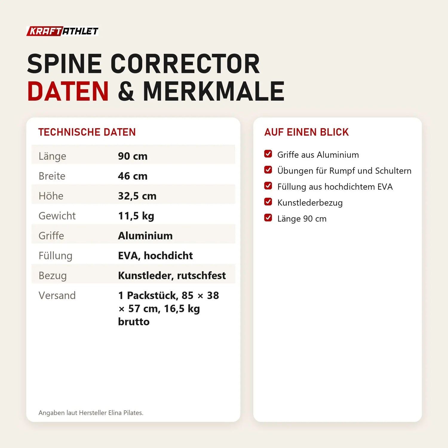Technische Daten und Merkmale von Elina Pilates Spine Corrector als Tabelle