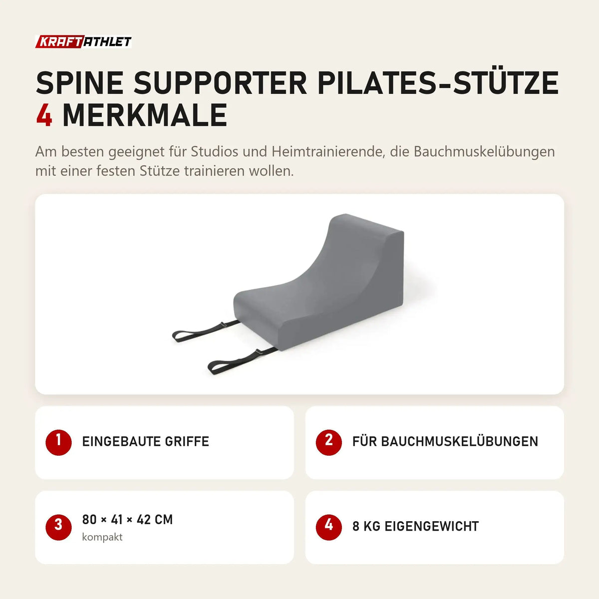 Elina Pilates Spine Supporter Pilates-Stütze mit 4 Merkmalen: Eingebaute Griffe, Für Bauchmuskelübungen, 80 × 41 × 42 cm, 8 kg Eigengewicht