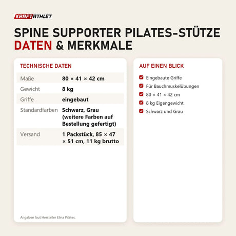 Technische Daten und Merkmale von Elina Pilates Spine Supporter Pilates-Stütze als Tabelle