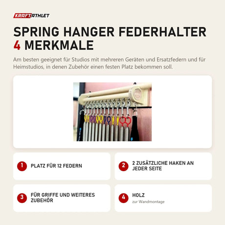 Elina Pilates Spring Hanger Federhalter mit 4 Merkmalen: Platz für 12 Federn, 2 zusätzliche Haken an jeder Seite, Für Griffe und weiteres Zubehör, Holz