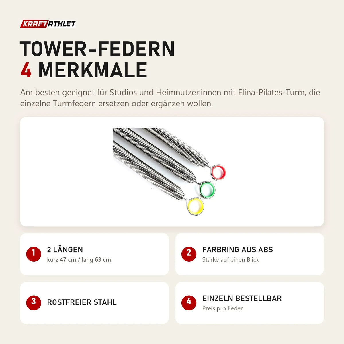Elina Pilates Tower-Federn mit 4 Merkmalen: 2 Längen, Farbring aus ABS, Rostfreier Stahl, Einzeln bestellbar
