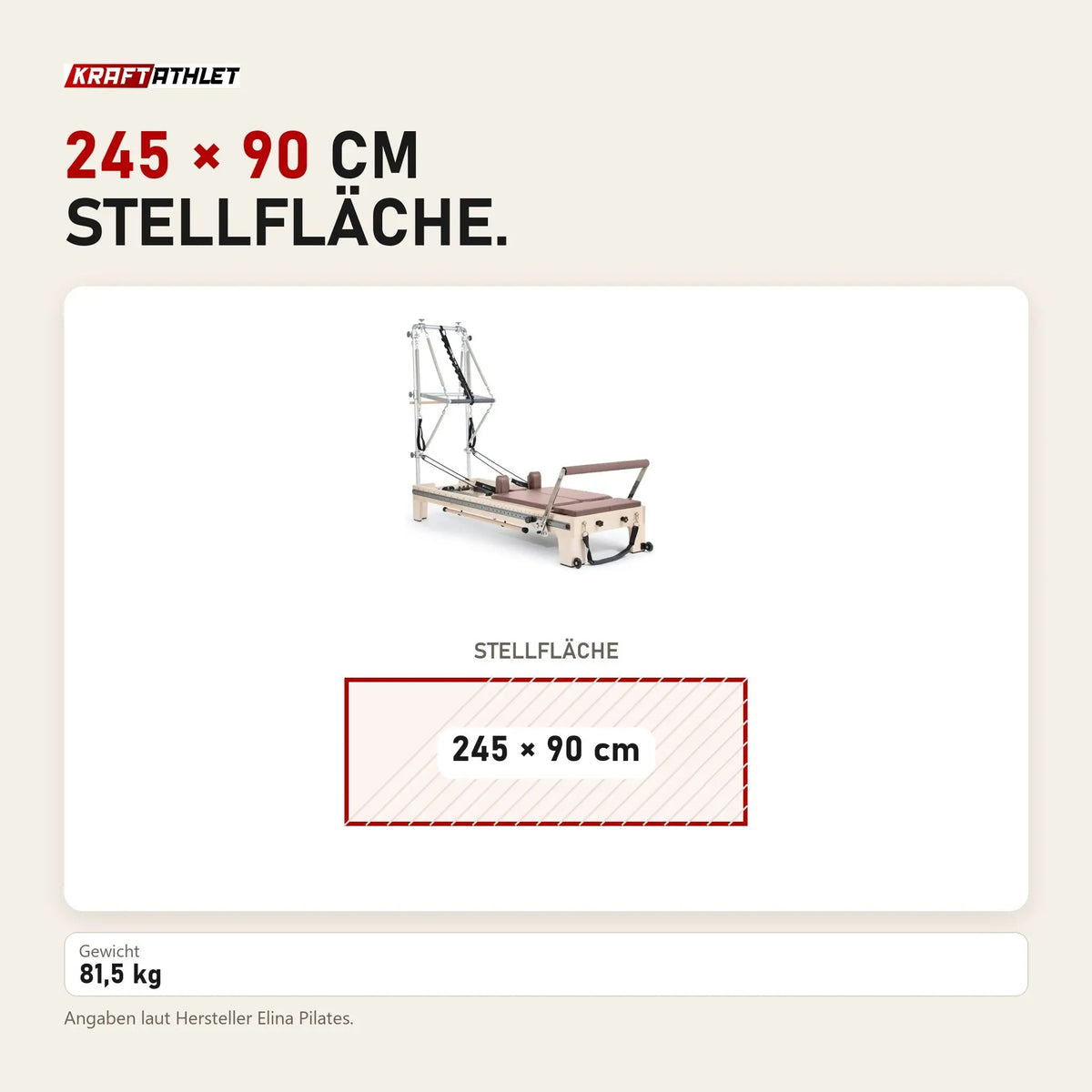 Maßbild Elina Pilates Twin Reformer aus Ahornholz: Stellfläche 245 × 90 cm