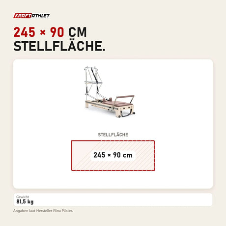 Maßbild Elina Pilates Twin Reformer aus Ahornholz: Stellfläche 245 × 90 cm