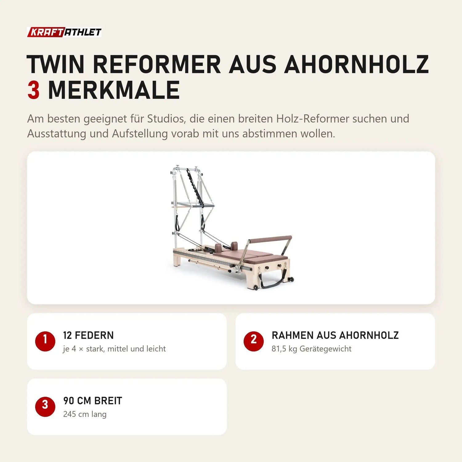 Elina Pilates Twin Reformer aus Ahornholz mit 3 Merkmalen: 12 Federn, Rahmen aus Ahornholz, 90 cm breit