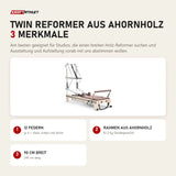 Elina Pilates Twin Reformer aus Ahornholz mit 3 Merkmalen: 12 Federn, Rahmen aus Ahornholz, 90 cm breit