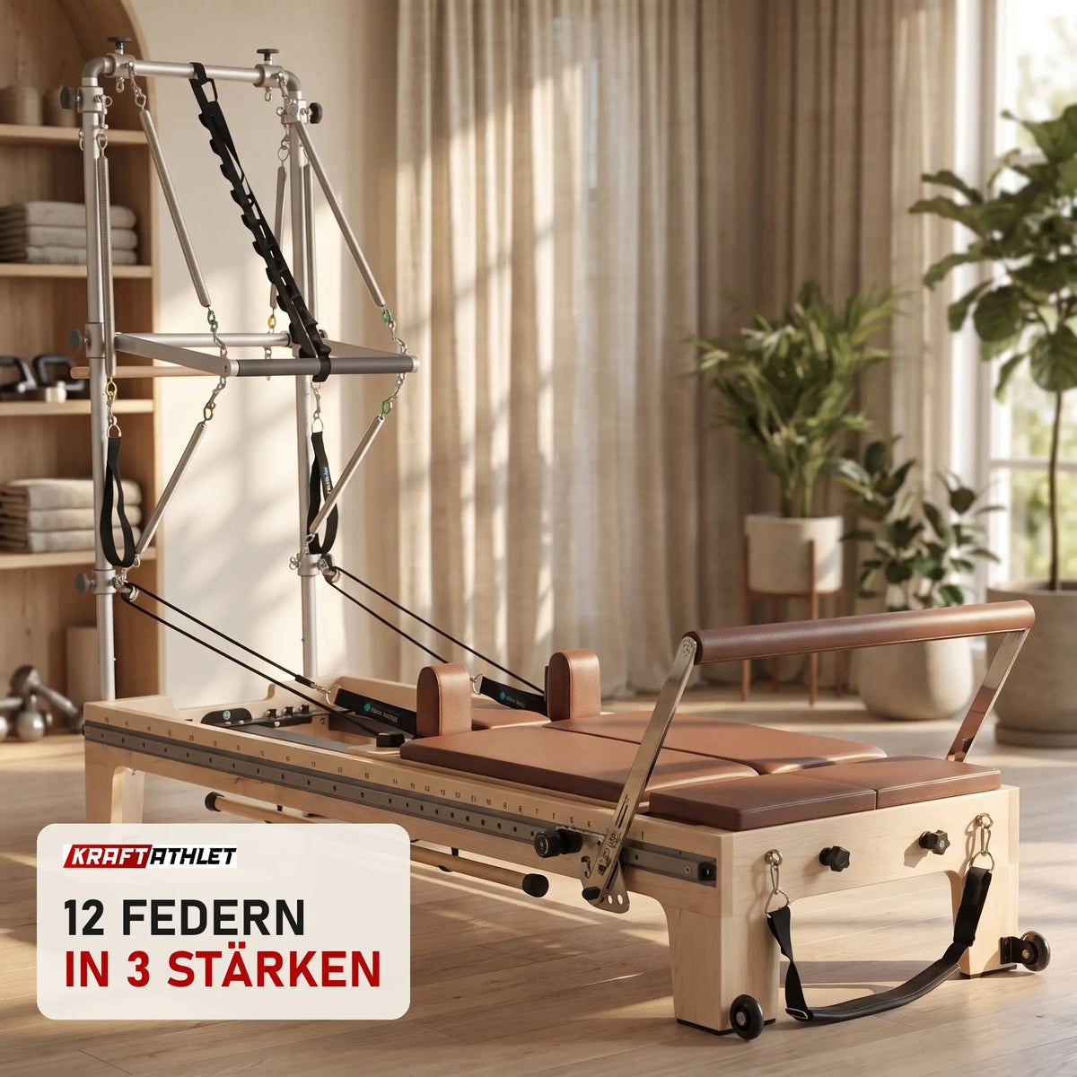 Elina Pilates Twin Reformer aus Ahornholz in einem hellen Pilates-Studio mit Holz und Leinen