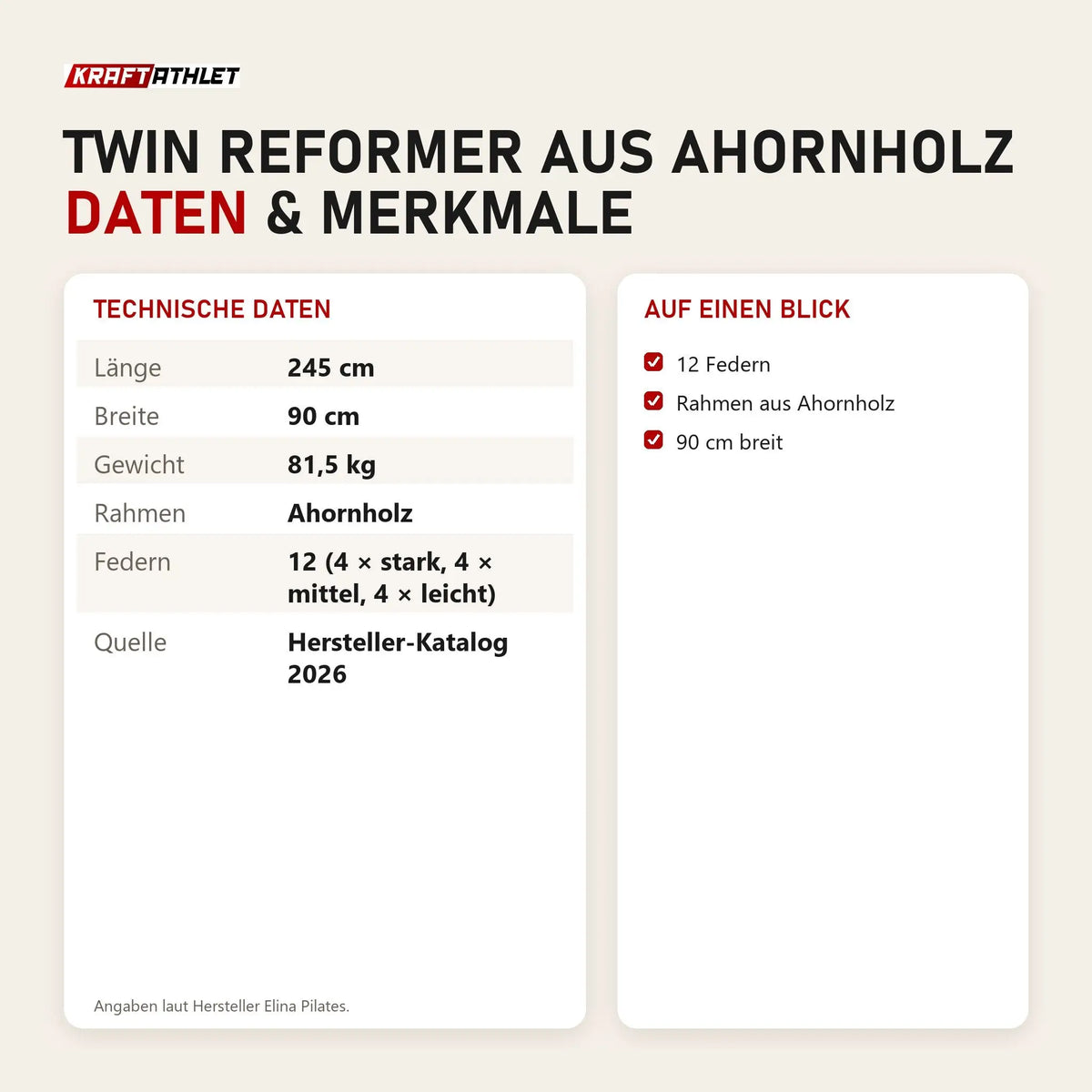 Technische Daten und Merkmale von Elina Pilates Twin Reformer aus Ahornholz als Tabelle