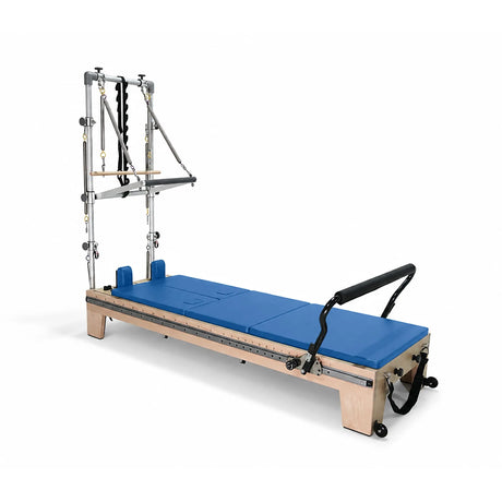 Elina Pilates Twin Reformer with blue padding, side view with tower on a white background