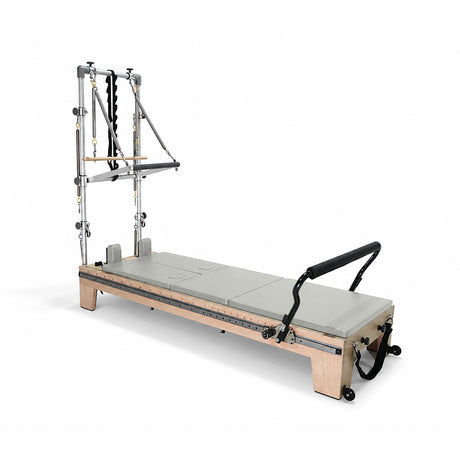 Elina Pilates Twin Reformer with "Iceberg" upholstery, side view with tower on a white background