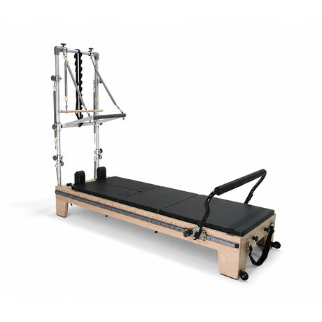 Elina Pilates Twin Reformer with black padding, side view with tower on a white background