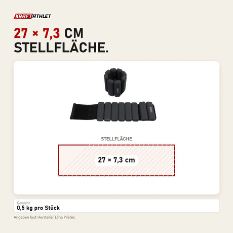 Maßbild Elina Pilates verstellbare Gewichte 0,5 kg für Handgelenk und Knöchel: Stellfläche 27 × 7,3 cm