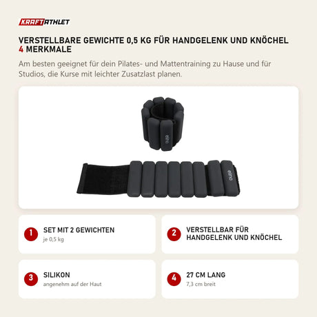 Elina Pilates verstellbare Gewichte 0,5 kg für Handgelenk und Knöchel mit 4 Merkmalen: Set mit 2 Gewichten, Verstellbar für Handgelenk und Knöchel, Silikon, 27 cm lang