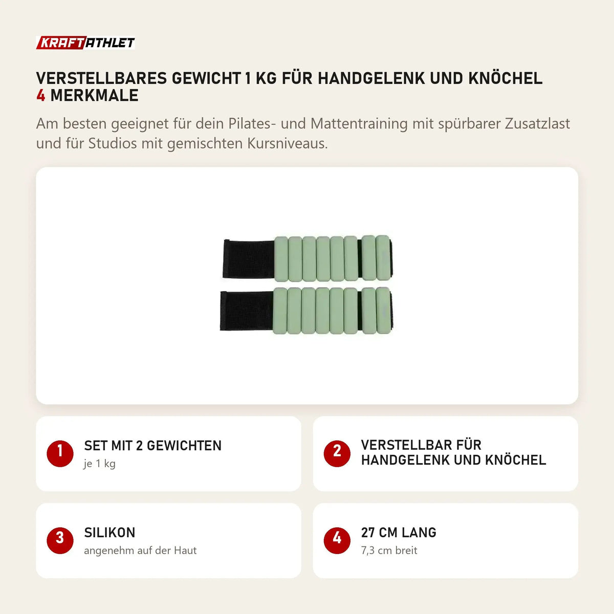 Elina Pilates verstellbares Gewicht 1 kg für Handgelenk und Knöchel mit 4 Merkmalen: Set mit 2 Gewichten, Verstellbar für Handgelenk und Knöchel, Silikon, 27 cm lang