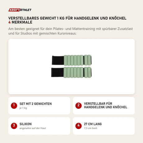 Elina Pilates verstellbares Gewicht 1 kg für Handgelenk und Knöchel mit 4 Merkmalen: Set mit 2 Gewichten, Verstellbar für Handgelenk und Knöchel, Silikon, 27 cm lang