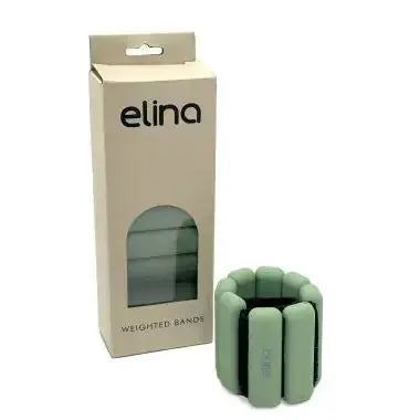 Elina Pilates verstellbares Gewicht 1 kg für Handgelenk und Knöchel in Salbeigrün vor der Verpackung mit Sichtfenster