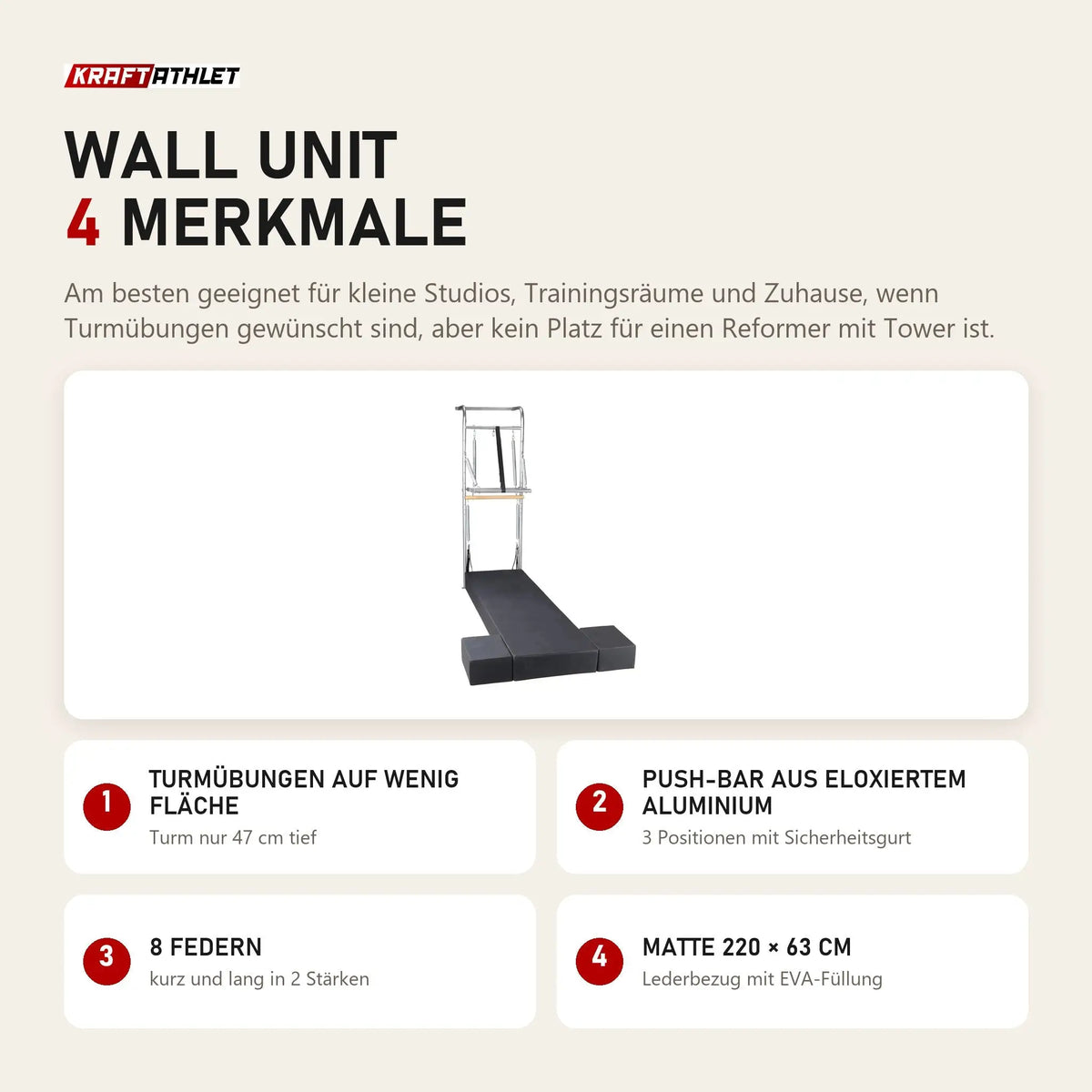 Elina Pilates Wall Unit mit 4 Merkmalen: Turmübungen auf wenig Fläche, Push-Bar aus eloxiertem Aluminium, 8 Federn, Matte 220 × 63 cm