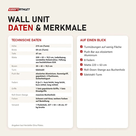 Technische Daten und Merkmale von Elina Pilates Wall Unit als Tabelle