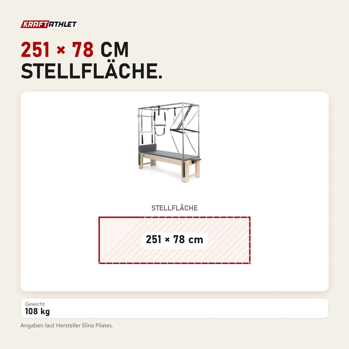 Maßbild Elina Pilates Wooden Cadillac aus Rock-Ahorn: Stellfläche 251 × 78 cm