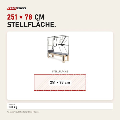 Maßbild Elina Pilates Wooden Cadillac aus Rock-Ahorn: Stellfläche 251 × 78 cm