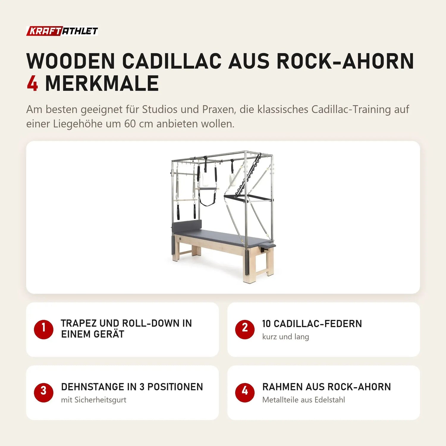 Elina Pilates Wooden Cadillac aus Rock-Ahorn mit 4 Merkmalen: Trapez und Roll-Down in einem Gerät, 10 Cadillac-Federn, Dehnstange in 3 Positionen, Rahmen aus Rock-Ahorn