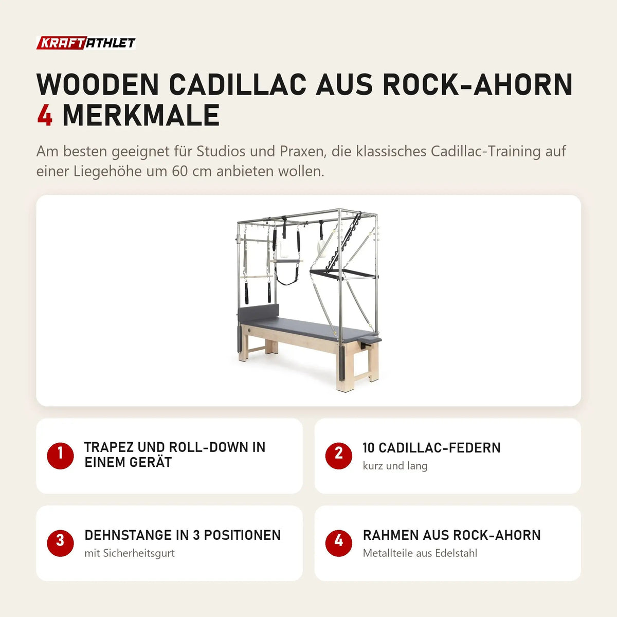 Elina Pilates Wooden Cadillac aus Rock-Ahorn mit 4 Merkmalen: Trapez und Roll-Down in einem Gerät, 10 Cadillac-Federn, Dehnstange in 3 Positionen, Rahmen aus Rock-Ahorn