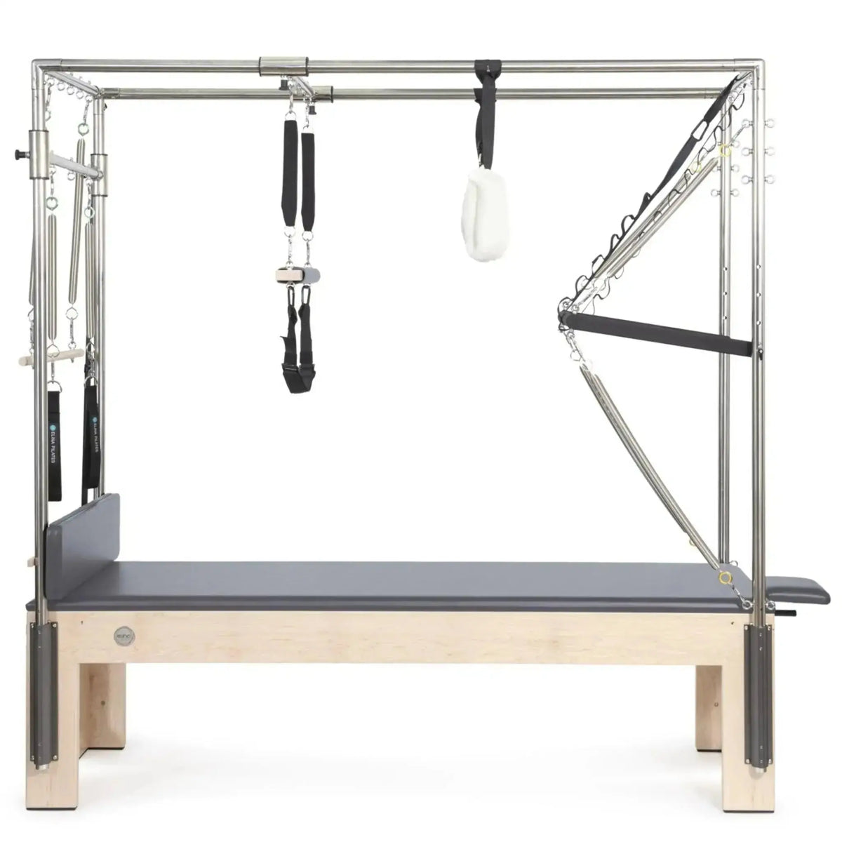 Elina Pilates Wooden Cadillac aus Rock-Ahorn, Seitenansicht mit Rahmen, Schlaufen und Trapezstange