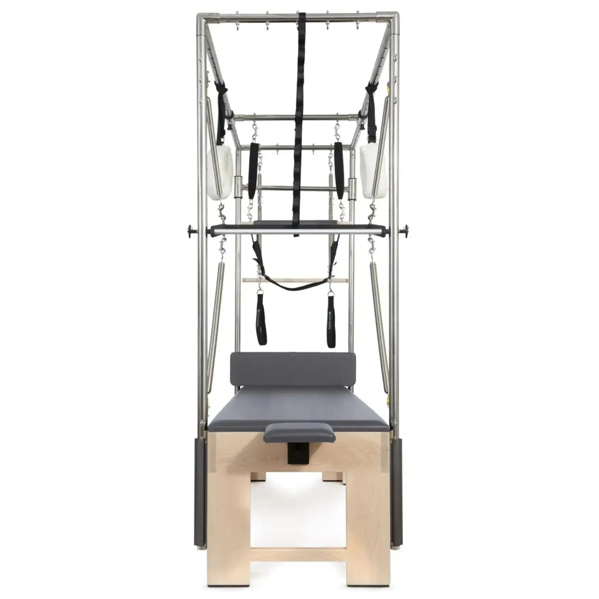 Elina Pilates Wooden Cadillac aus Rock-Ahorn, Stirnansicht mit Rahmen und Schlaufen