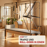 Elina Pilates Wooden Cadillac aus Rock-Ahorn in einem hellen Pilates-Studio mit Holz und Leinen